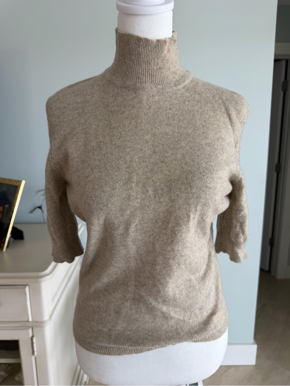 Vintage Ann Taylor 100% 2-Ply Cashmere Short Sleeve Mock Neck Sweater Oatmeal M